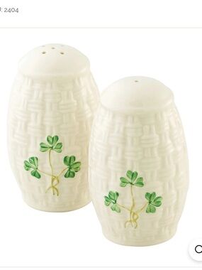 NWT Belleek Shamrock Salt & Pepper Shakers - White with Green Shamrock
